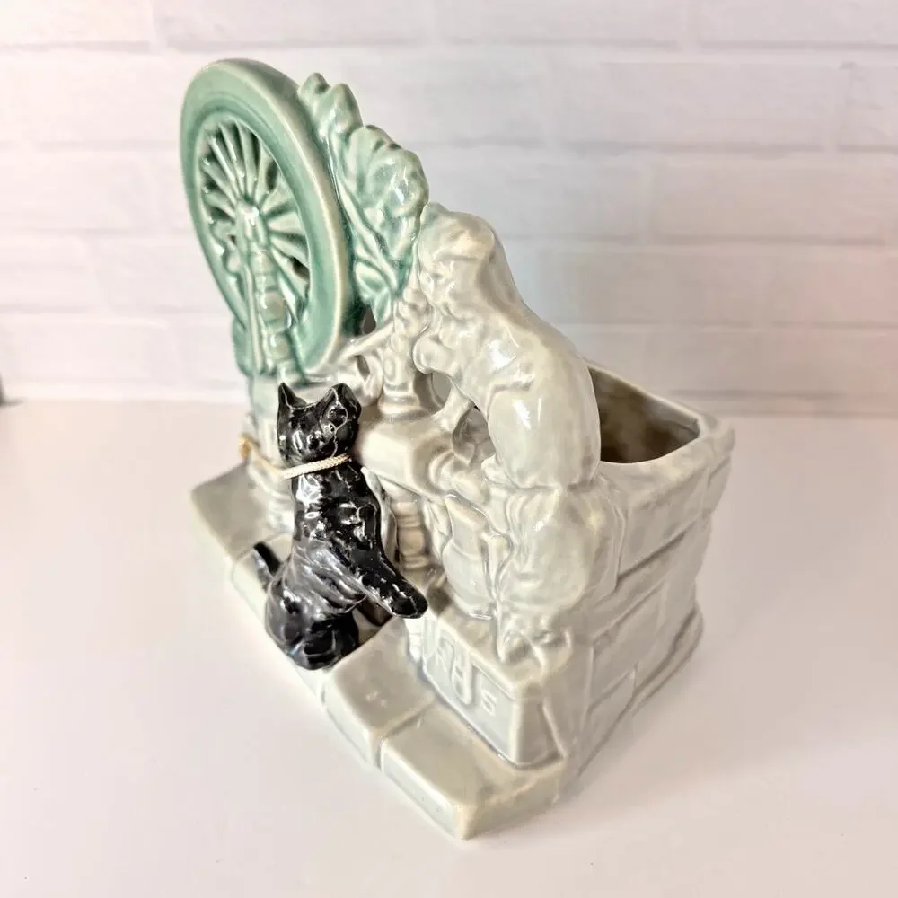 Vintage McCoy Green Spinning Wheel Planter Scottie Dog w/String USA 1950'sm